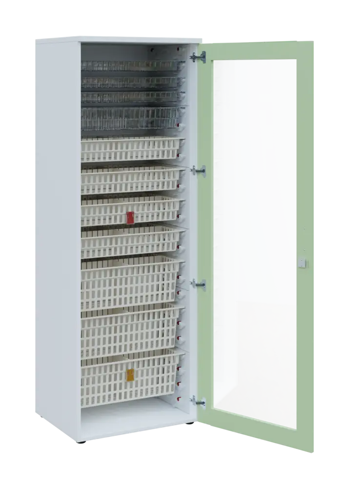 EUROMEDICA S - 66 skříň léková boxová, 1-dveřová/prosklená, pravá, 1950x660x535, korpus bílý, dvířka šedo-zelinkavá